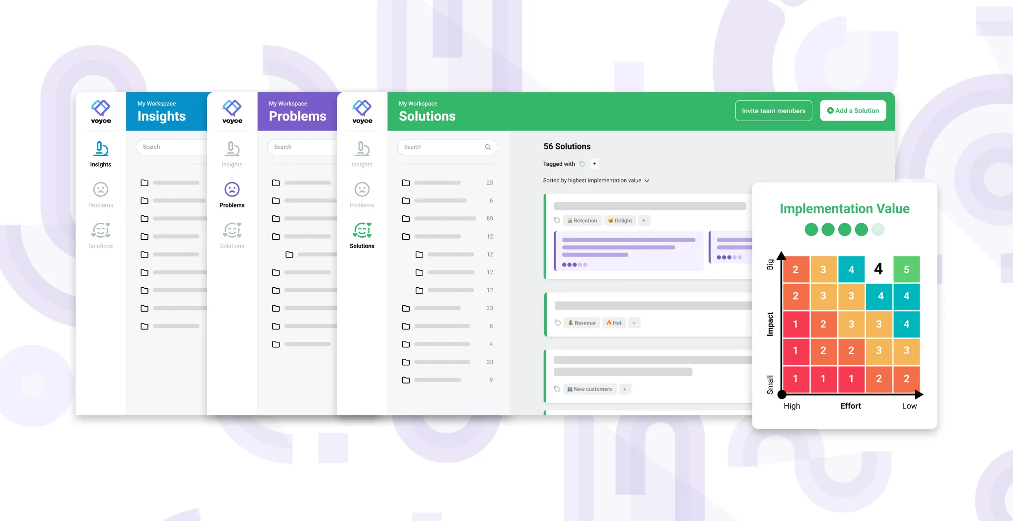 Mock ups of the insight, problem, and solution management screens in Voyce.