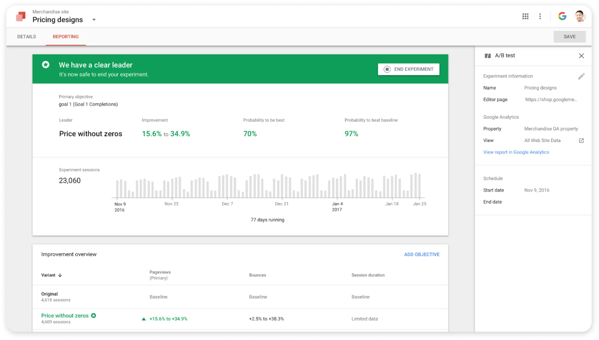 A screenshot of Google Optimize.