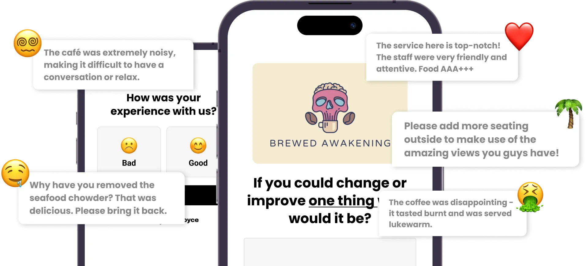 A stylized mockup of the Voyce Feedback workflow for a company called Brewed Awakening with included reviews.