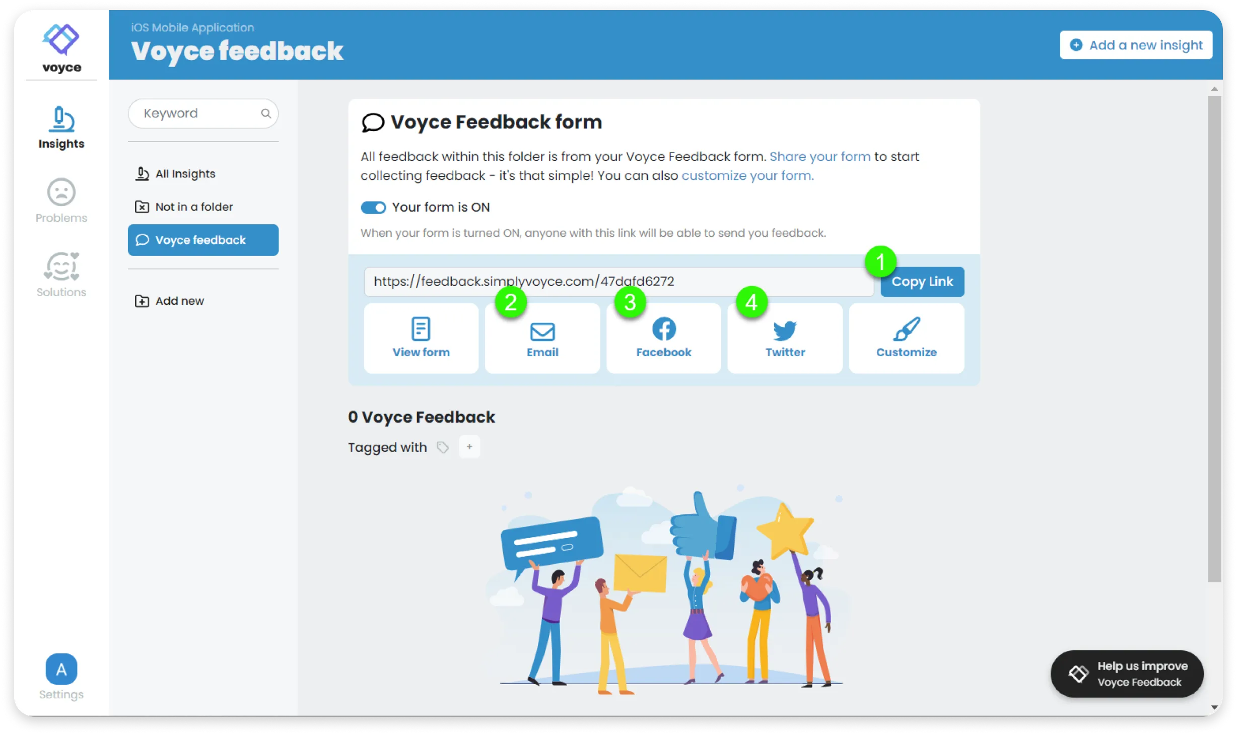 Showing the four basic options for sharing a Voyce Feedback link.