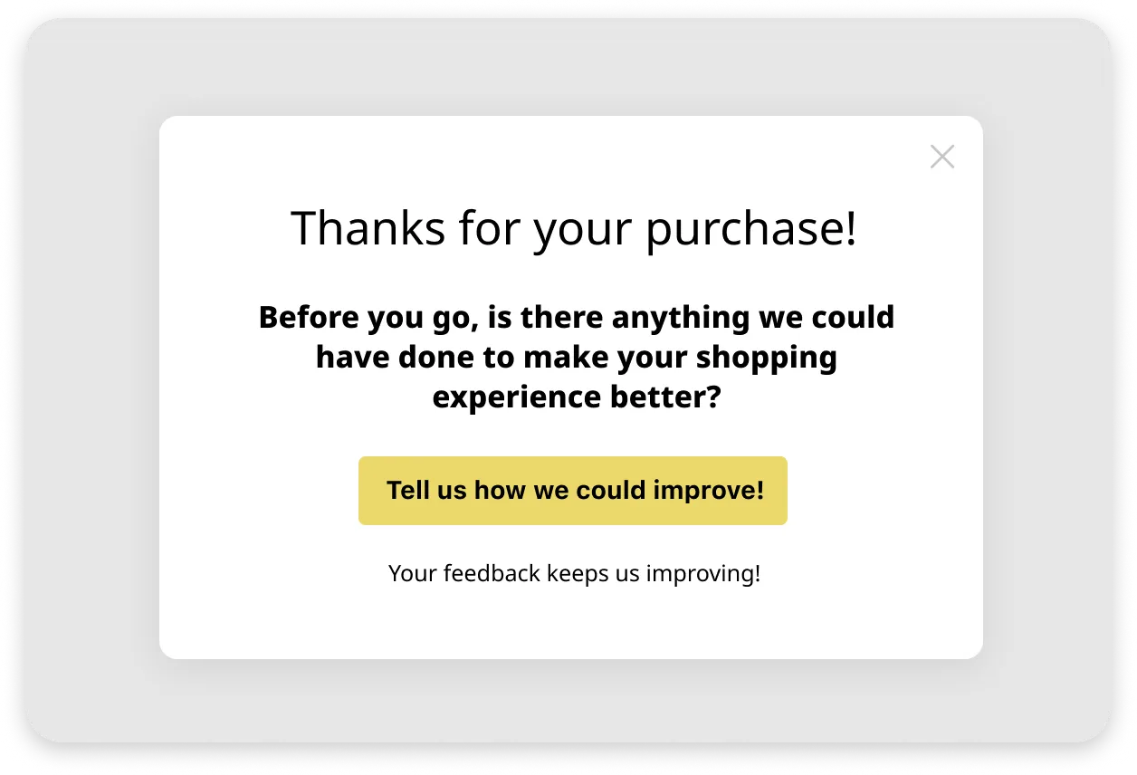 A mock showing Voyce Feedback linked from an online checkout process.