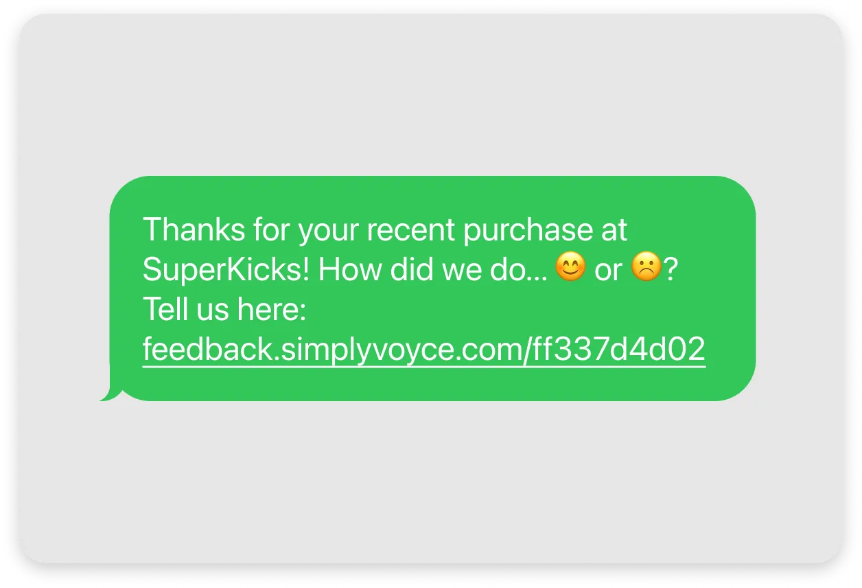 A mock showing a Voyce Feedback link being sent in an SMS.