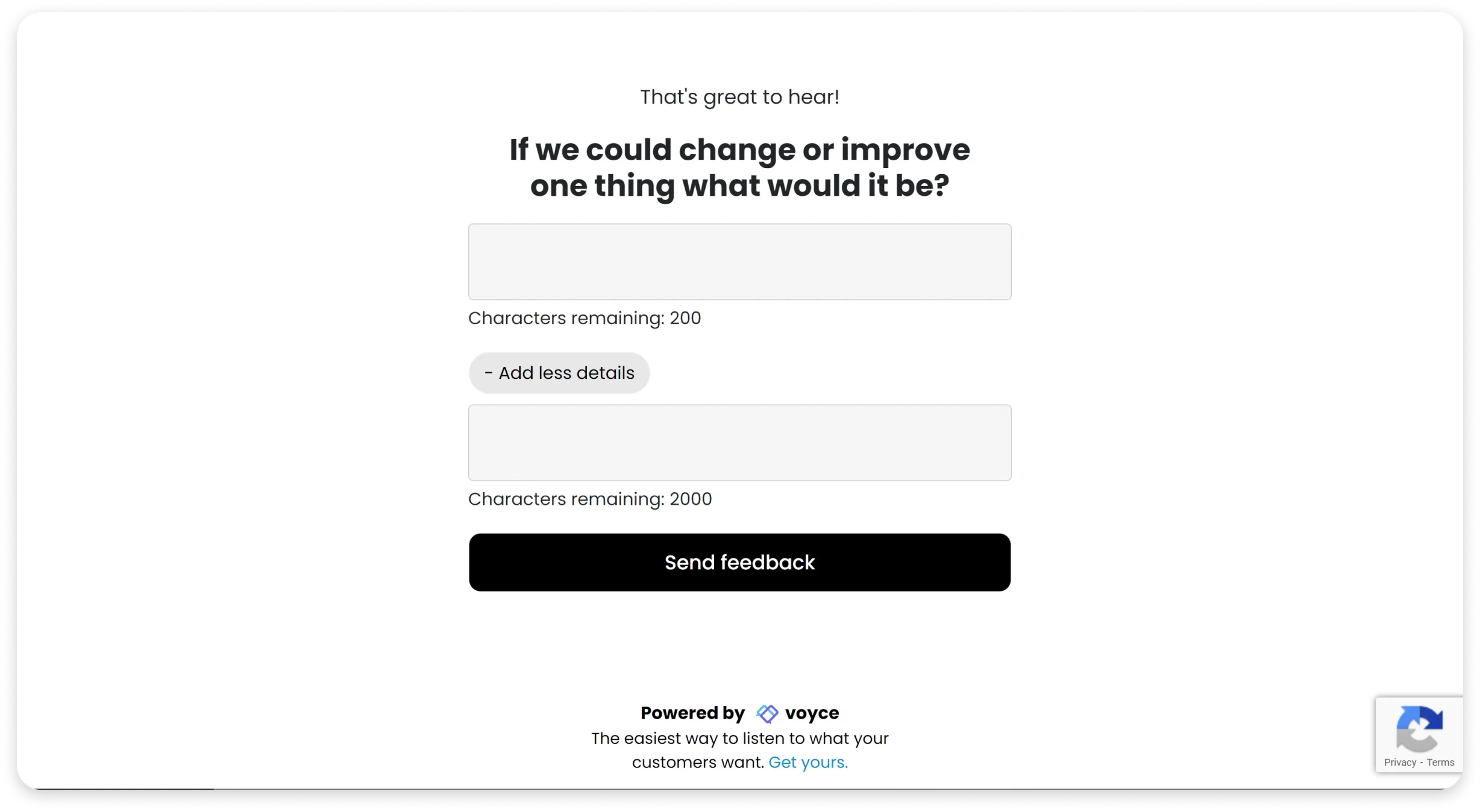 A screenshot of the default (uncustomized) second page of the Voyce Feedback process.