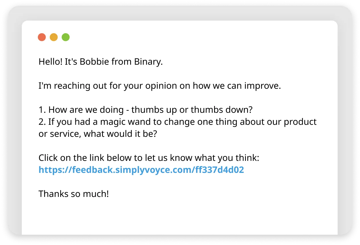 A mock showing Voyce Feedback linked from a direct email.
