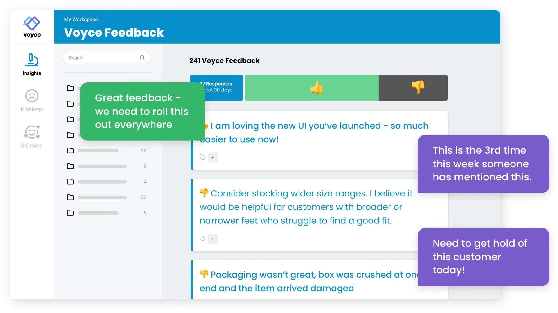 A mockup of the Voyce Feedback pane inside Voyce, showing sample feedback and the feedback aggregator.