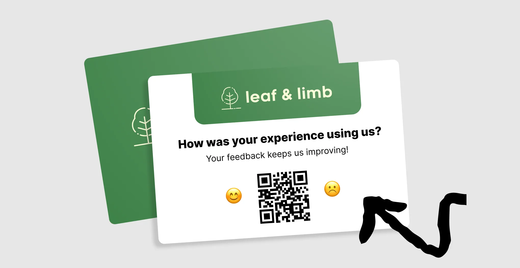 A mock-up of a Voyce Feedback QR code printed on a business card.