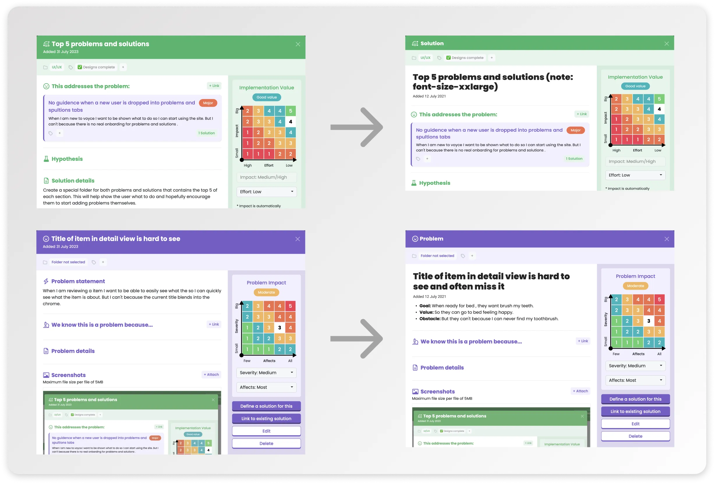 Screenshots of Voyce showing the usability improvements made for documenting problems and solutions.