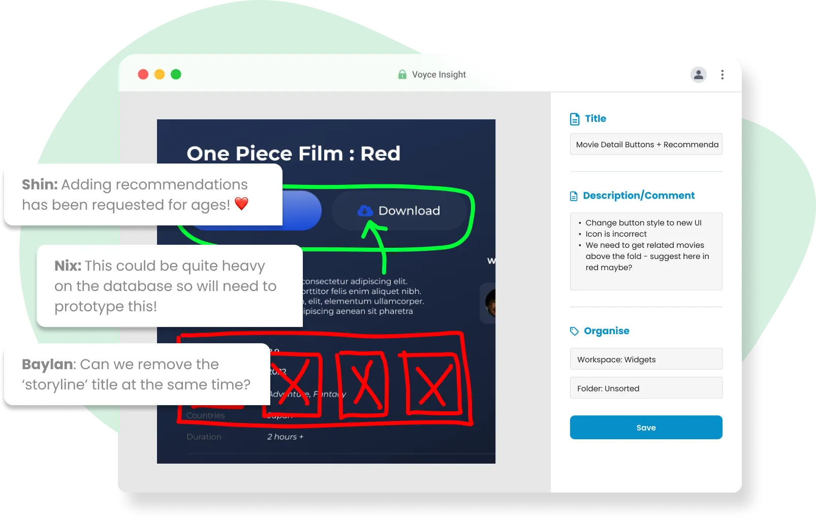 A mock-up showing notes and comments being added to a Voyce Image Scribble.