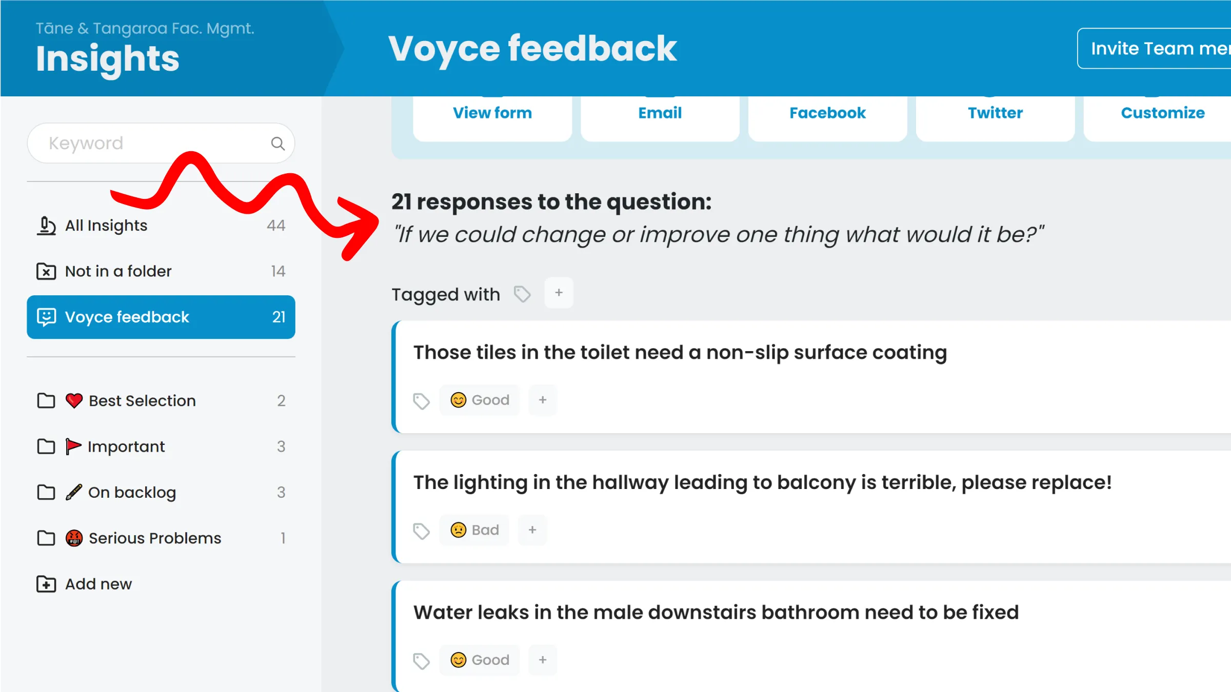 Showing the magic question on the Voyce Feedback list.