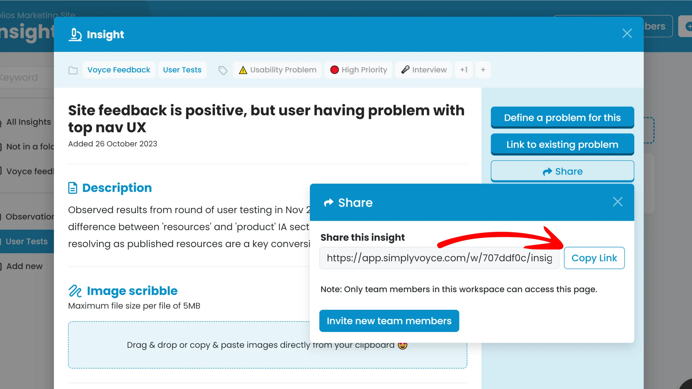 Copying the card link from the share modal in Voyce.