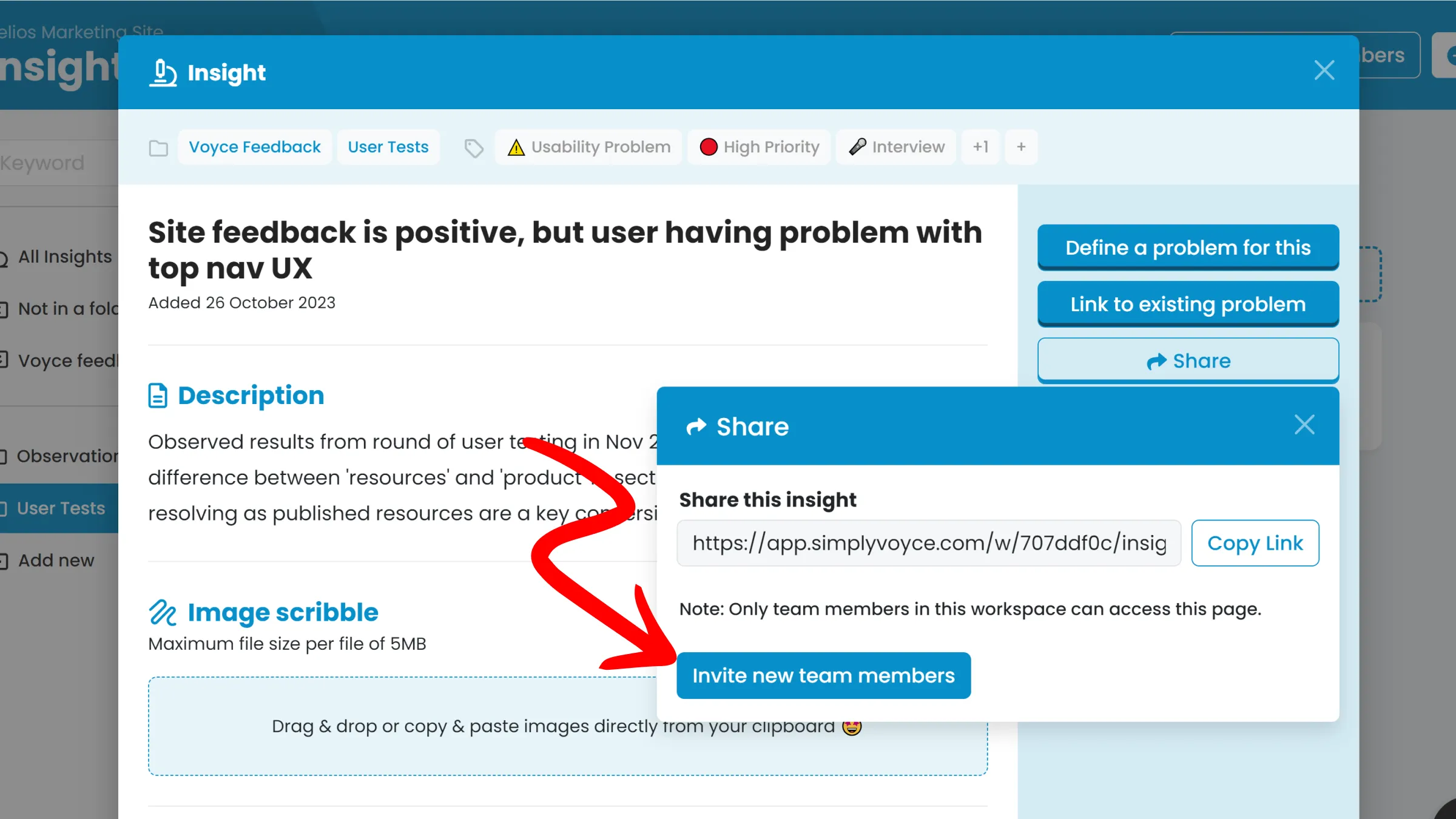 Using the invite new team members button on the Share modal.